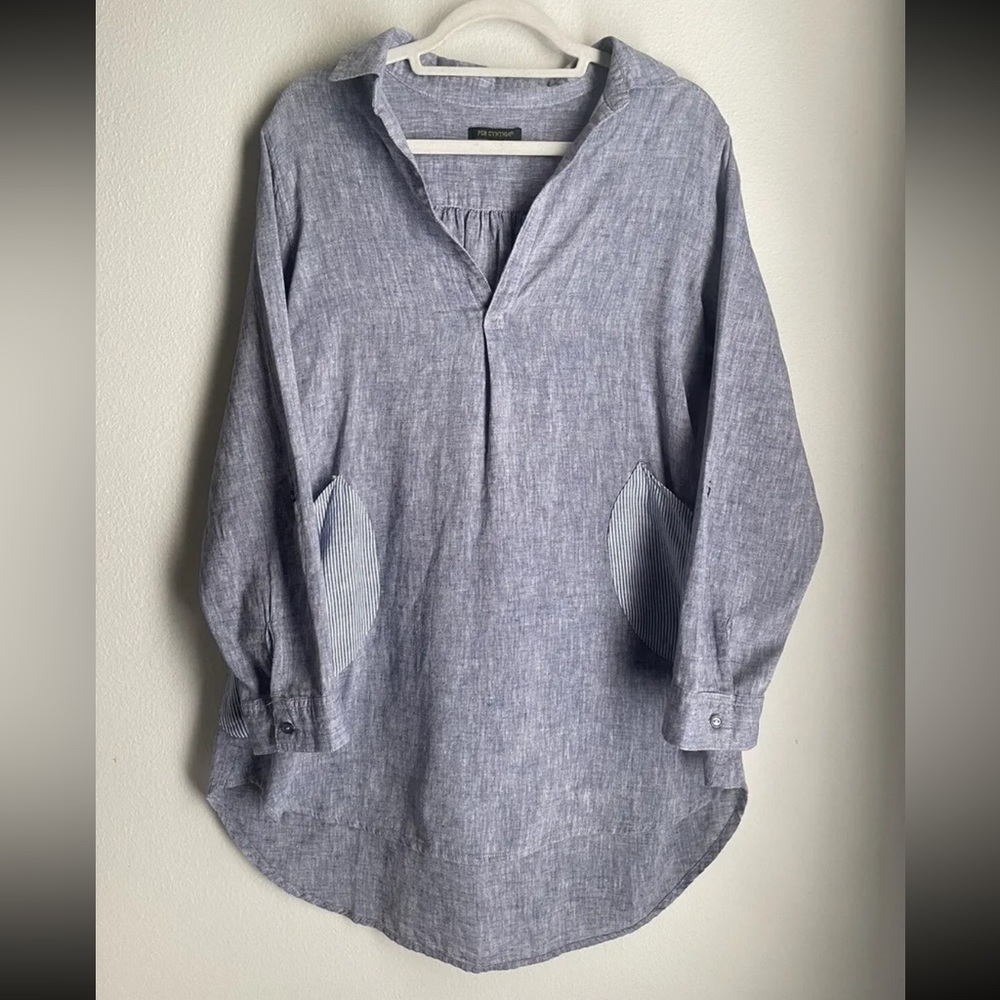 For Cynthia Womens Large Linen Blend Chambray Roll Tab Pockets Popover Tunic